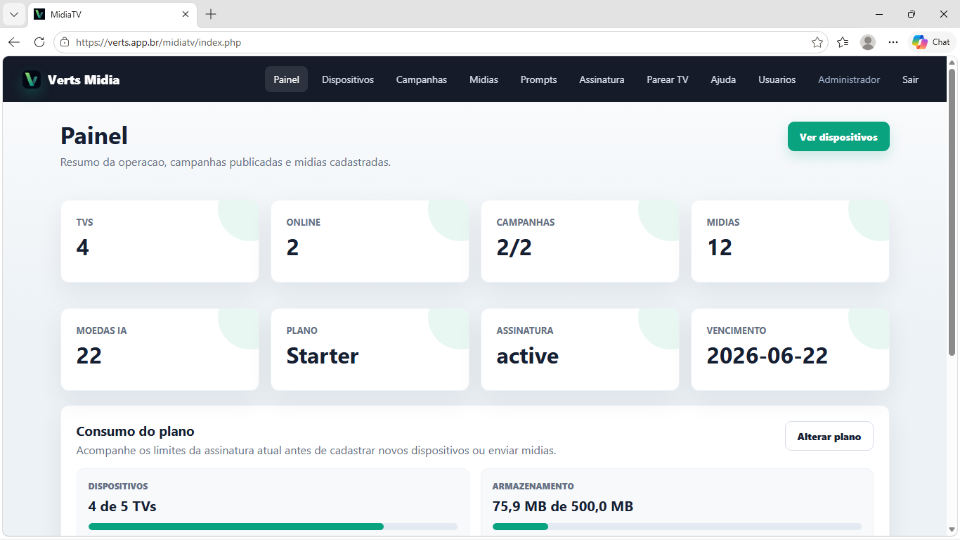 Painel web da Verts Mídia com status de TVs, campanhas e mídias
