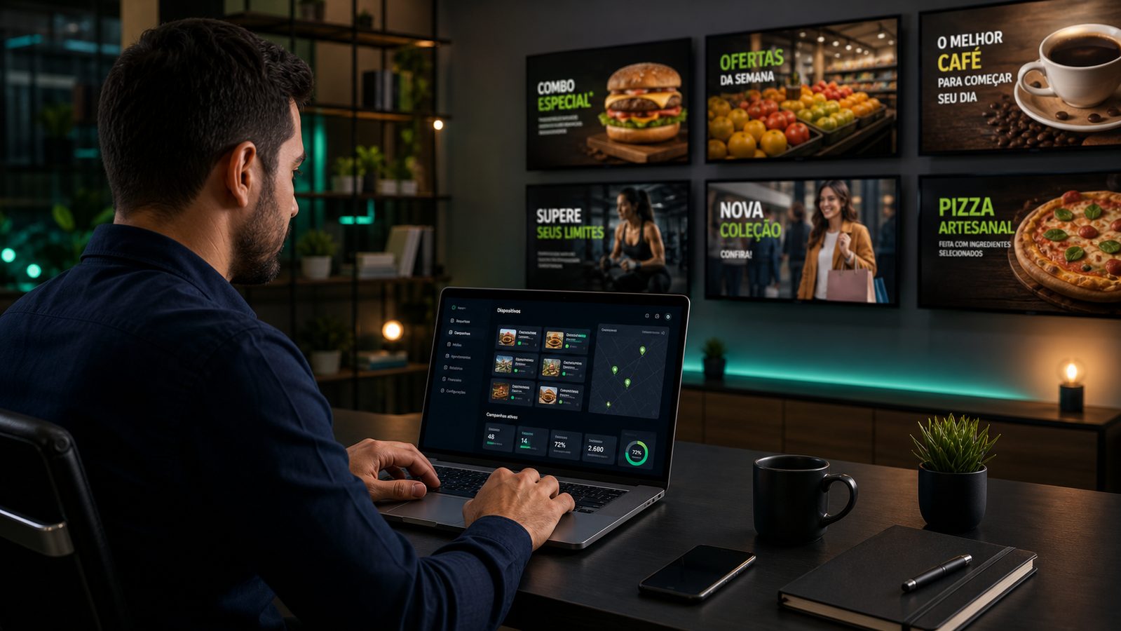 Parceiro controlando campanhas de mídia indoor em várias TVs pelo notebook