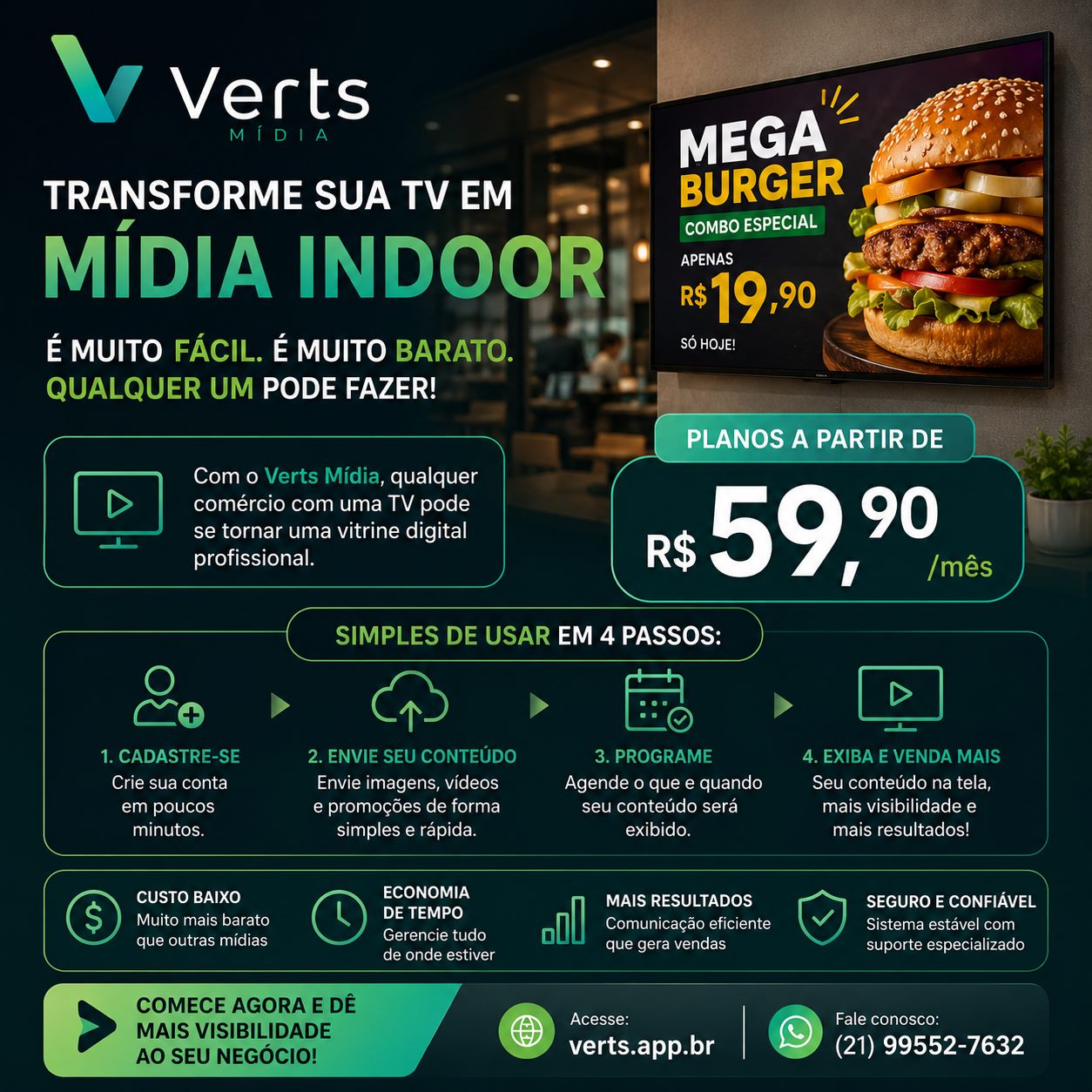 TV exibindo uma promoção criada para mídia indoor
